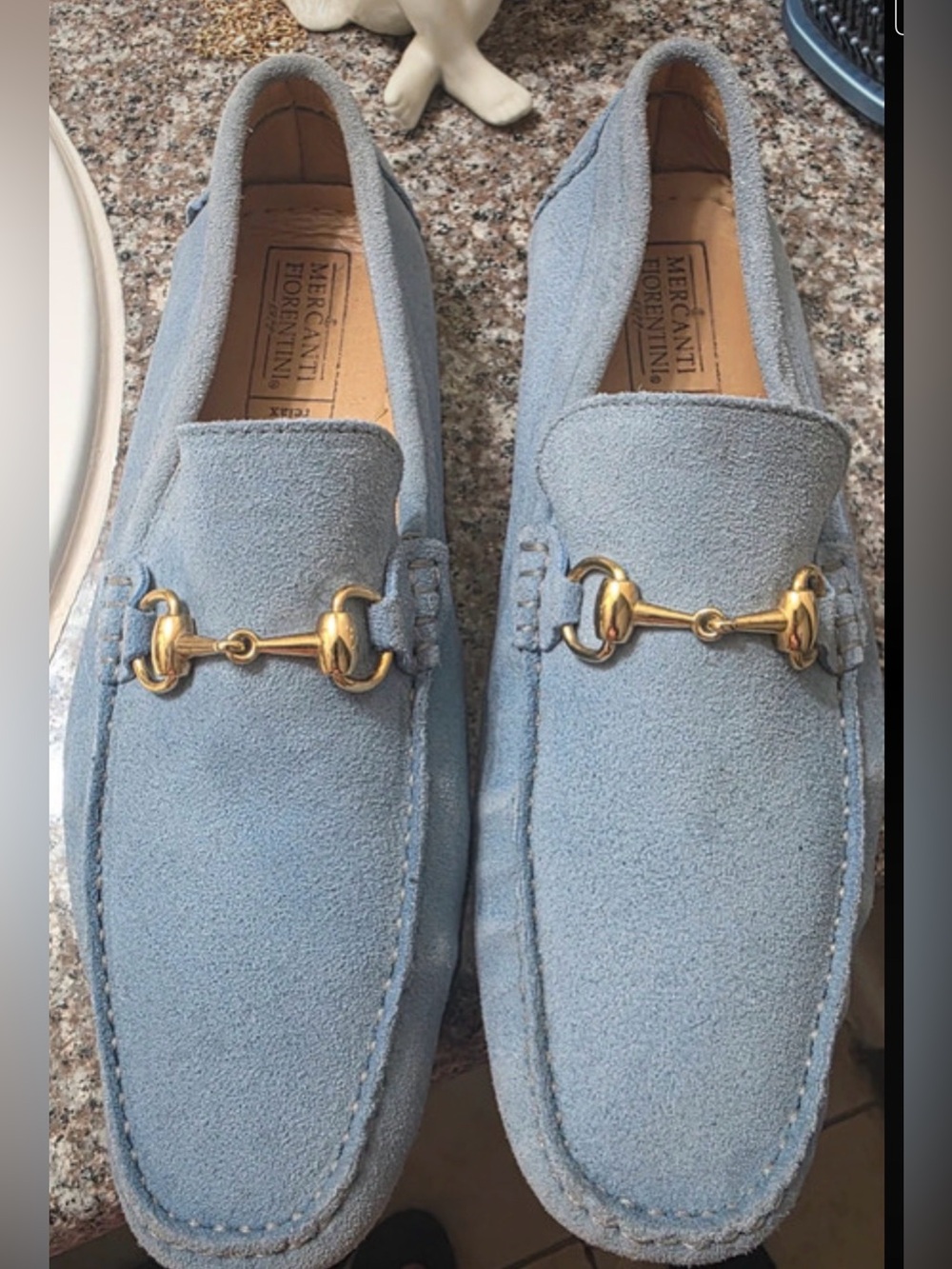 Mercanti Fiorentini Powder Blue Suede Loafers with Gold Bit